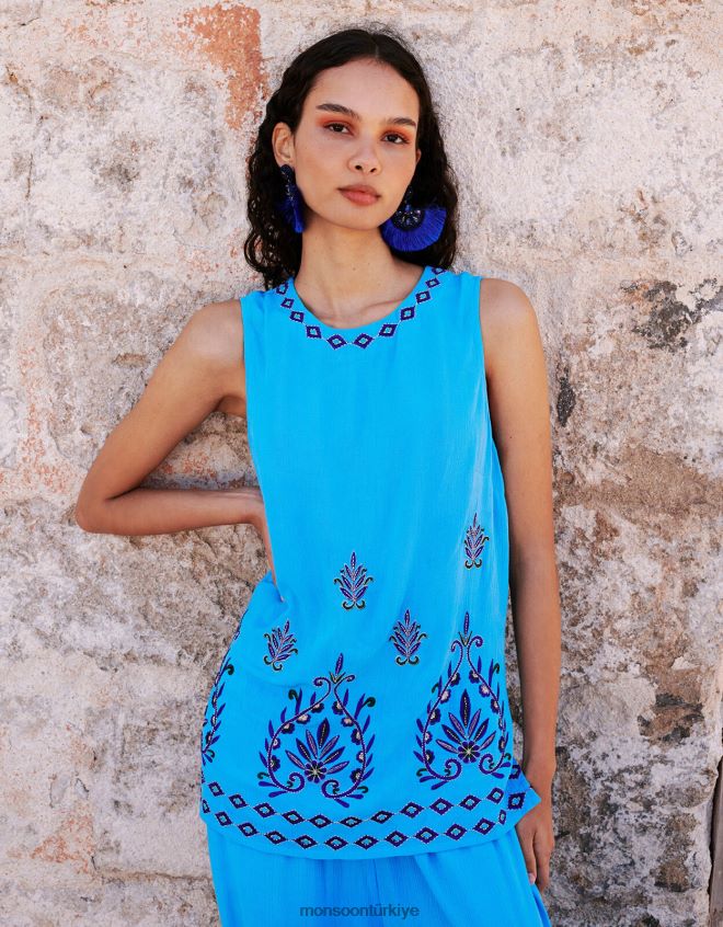 Monsoon kadınlar lenzing ecovero işlemeli kolsuz atlet JH86BT693 Giyim mavi