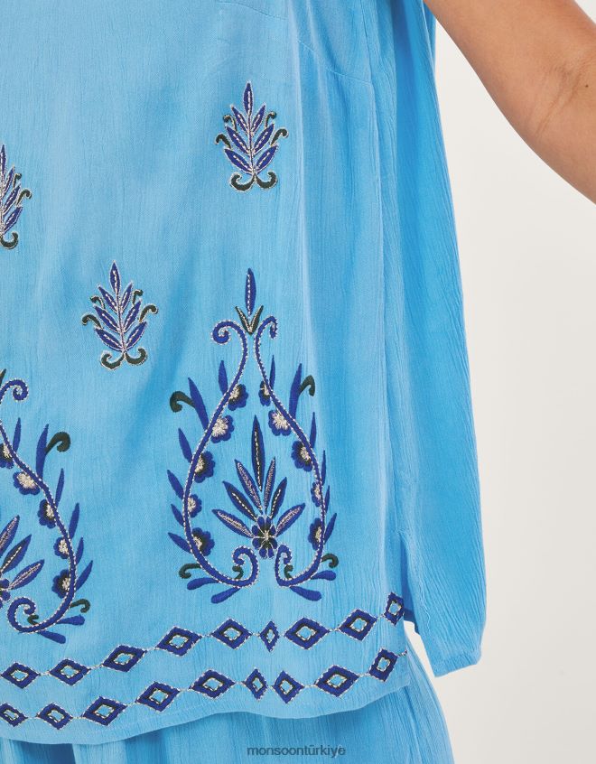 Monsoon kadınlar lenzing ecovero işlemeli kolsuz atlet JH86BT693 Giyim mavi