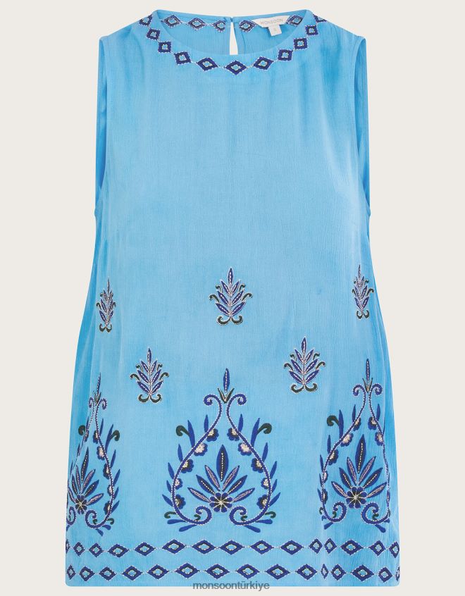 Monsoon kadınlar lenzing ecovero işlemeli kolsuz atlet JH86BT693 Giyim mavi