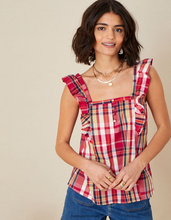 Monsoon kadınlar nila organik pamuklu kareli cami üstü JH86BT1177 Giyim kırmızı