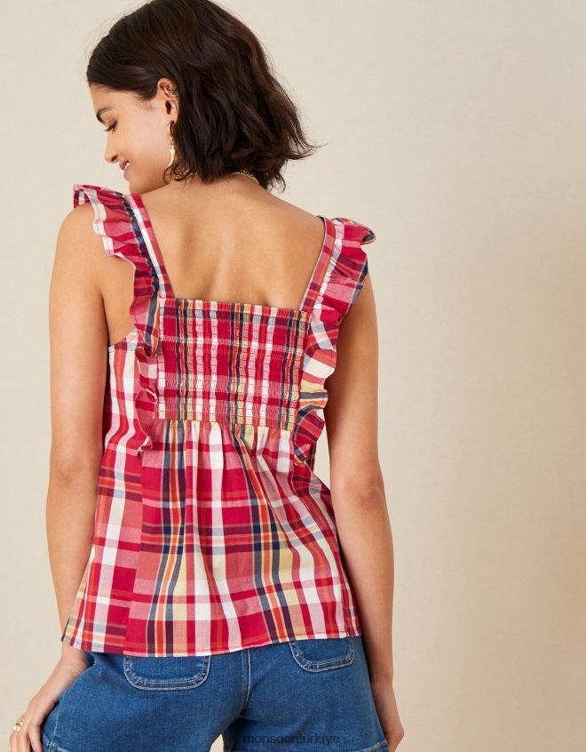 Monsoon kadınlar nila organik pamuklu kareli cami üstü JH86BT1177 Giyim kırmızı