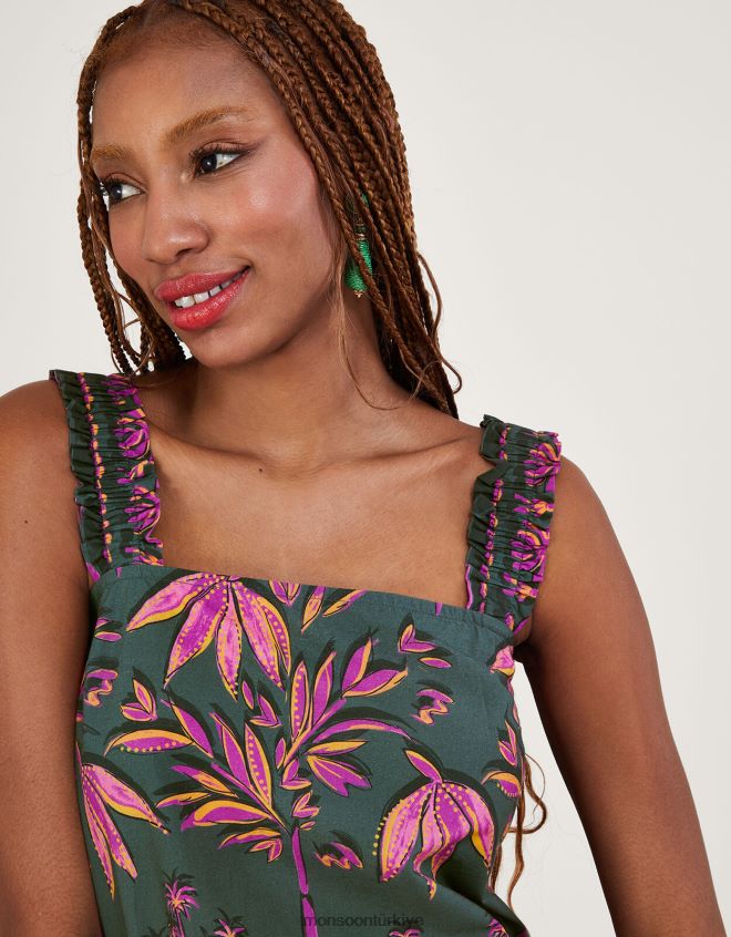 Monsoon kadınlar sürdürülebilir pamuktan pedra palmiye desenli cami üstü JH86BT325 Giyim yeşil (haki)