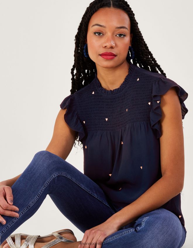 Monsoon kadınlar sürdürülebilir viskondan darla işlemeli üst JH86BT487 Giyim Mavi Donanma)