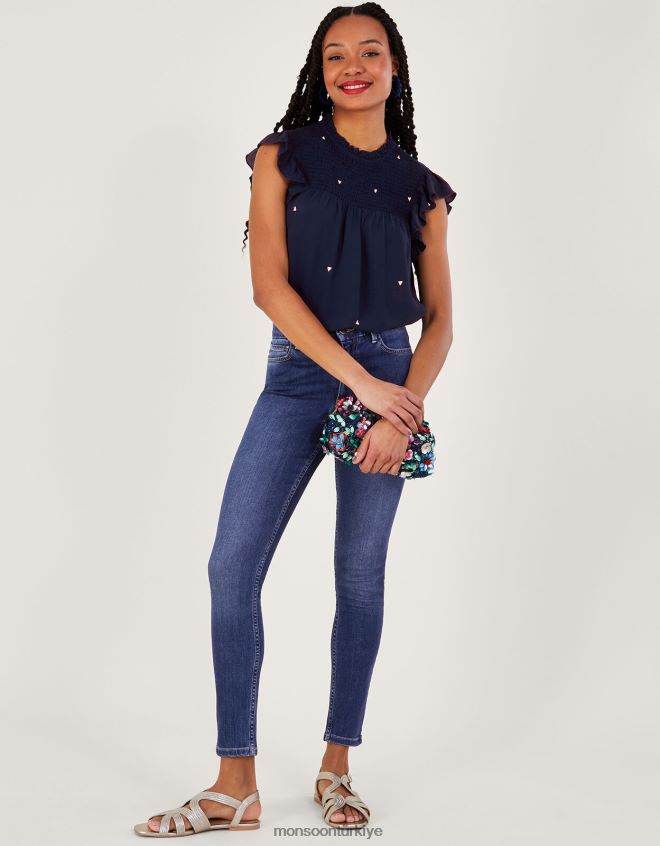 Monsoon kadınlar sürdürülebilir viskondan darla işlemeli üst JH86BT487 Giyim Mavi Donanma)