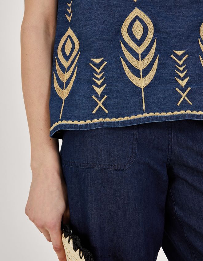 Monsoon kadınlar tavus kuşu tüyü işlemeli chambray denim kolsuz bluz JH86BT525 Giyim mavi (kot mavisi)