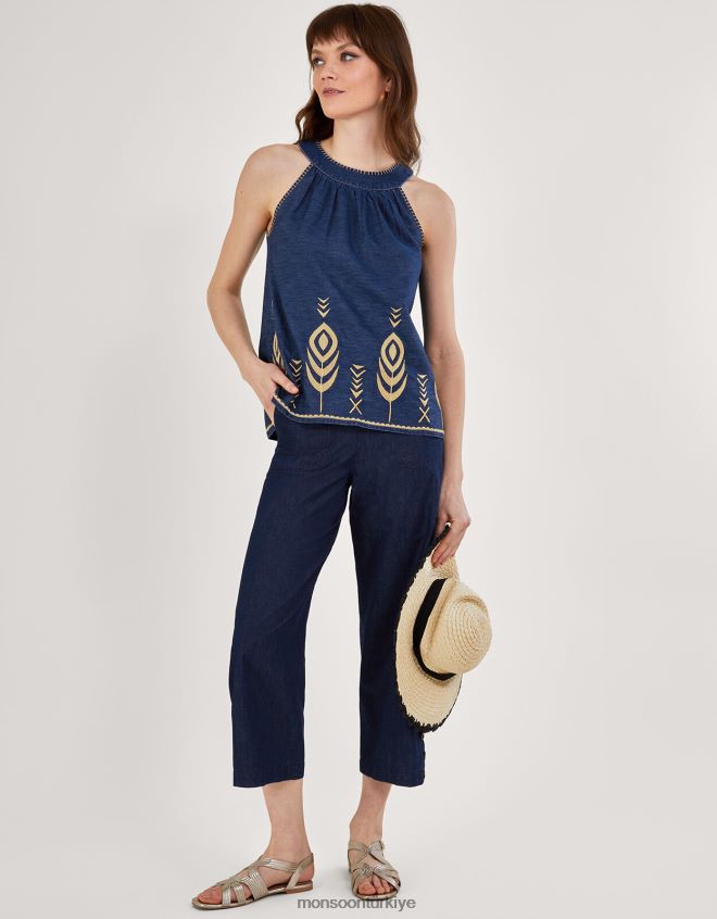 Monsoon kadınlar tavus kuşu tüyü işlemeli chambray denim kolsuz bluz JH86BT525 Giyim mavi (kot mavisi)