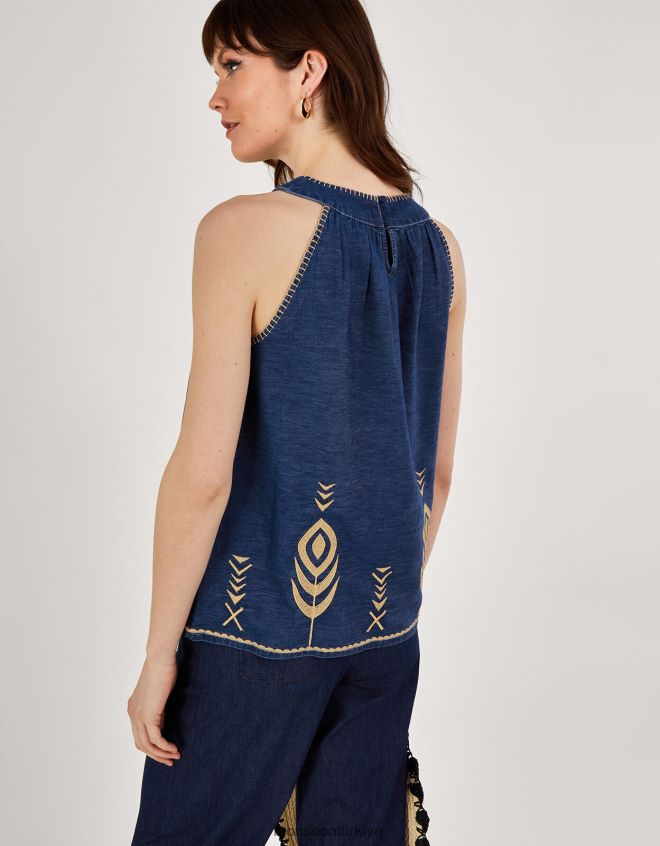 Monsoon kadınlar tavus kuşu tüyü işlemeli chambray denim kolsuz bluz JH86BT525 Giyim mavi (kot mavisi)