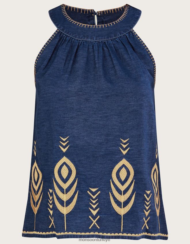 Monsoon kadınlar tavus kuşu tüyü işlemeli chambray denim kolsuz bluz JH86BT525 Giyim mavi (kot mavisi)
